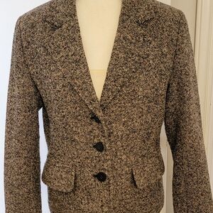 Black Tan Tweed Wool Blend blazer sz 8 hounds tooth English Countryside